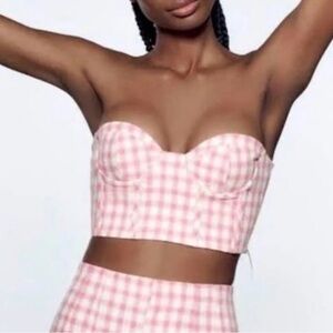 Zara Pink Gingham corset crop bustier top Smocked Back Zipper Side blogger fav
